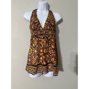 Trina Turk‎ Halter Top Size 0 Brown Orange Floral Cotton Blend Blouse